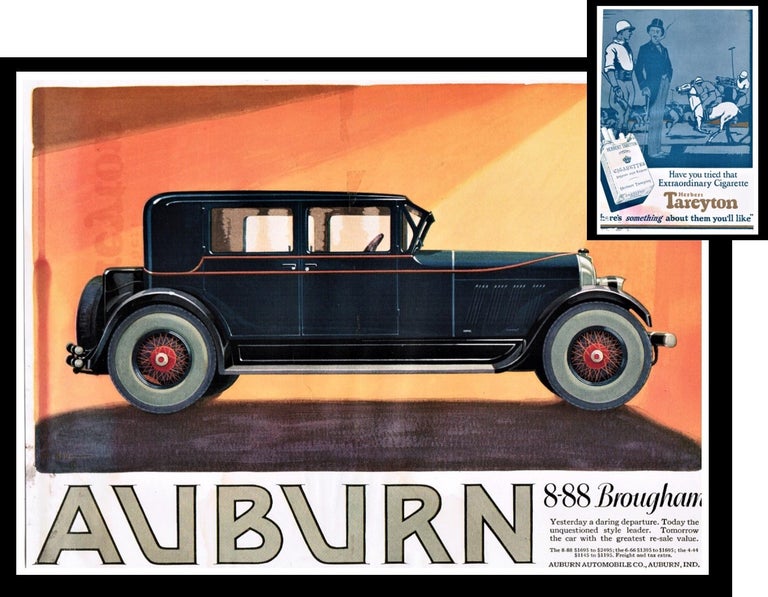 Item #012385 Vintage Car Advert. 1926 Color Auburn 8-88 Brougham Automobile Ad with Tareyton Cigarette on rear