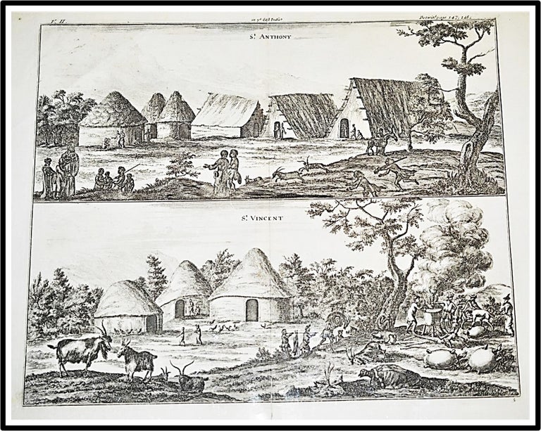 Item #012412 Copperplate 18th Century Engraving Two views of villages on the Islands of St Anthony and St Vincent, East-Indies, populated by the Portuguese and their slaves. Awnsham Churchill, d. 1728.