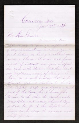 [Railroad, Local Business, Farming] Author Signed letter consisting of two folded sheets making 8 pages in total from Carrollton, Illinois dated January 2, 1870.