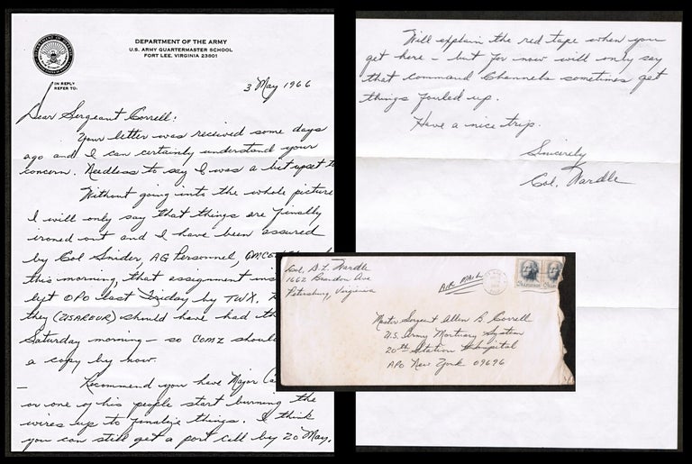 Item #014116 Handwritten letter on US Army Letterhead Detailing and Apologizing for a 'Red-Tape" Snafu with hand-addressed envelope. Col. D. L. Wardle.