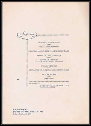 Cruise Menu - S.S. Columbus Cruise to the West Indies. Friday, October, 28, 1938