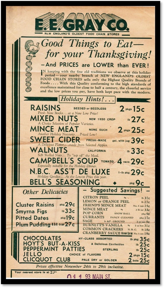 Item #015118 Handbill Grocery Flyer Advertising for E. E. Gray Co Specials for Thanksgiving. 1920s. E. E. Gray Co.