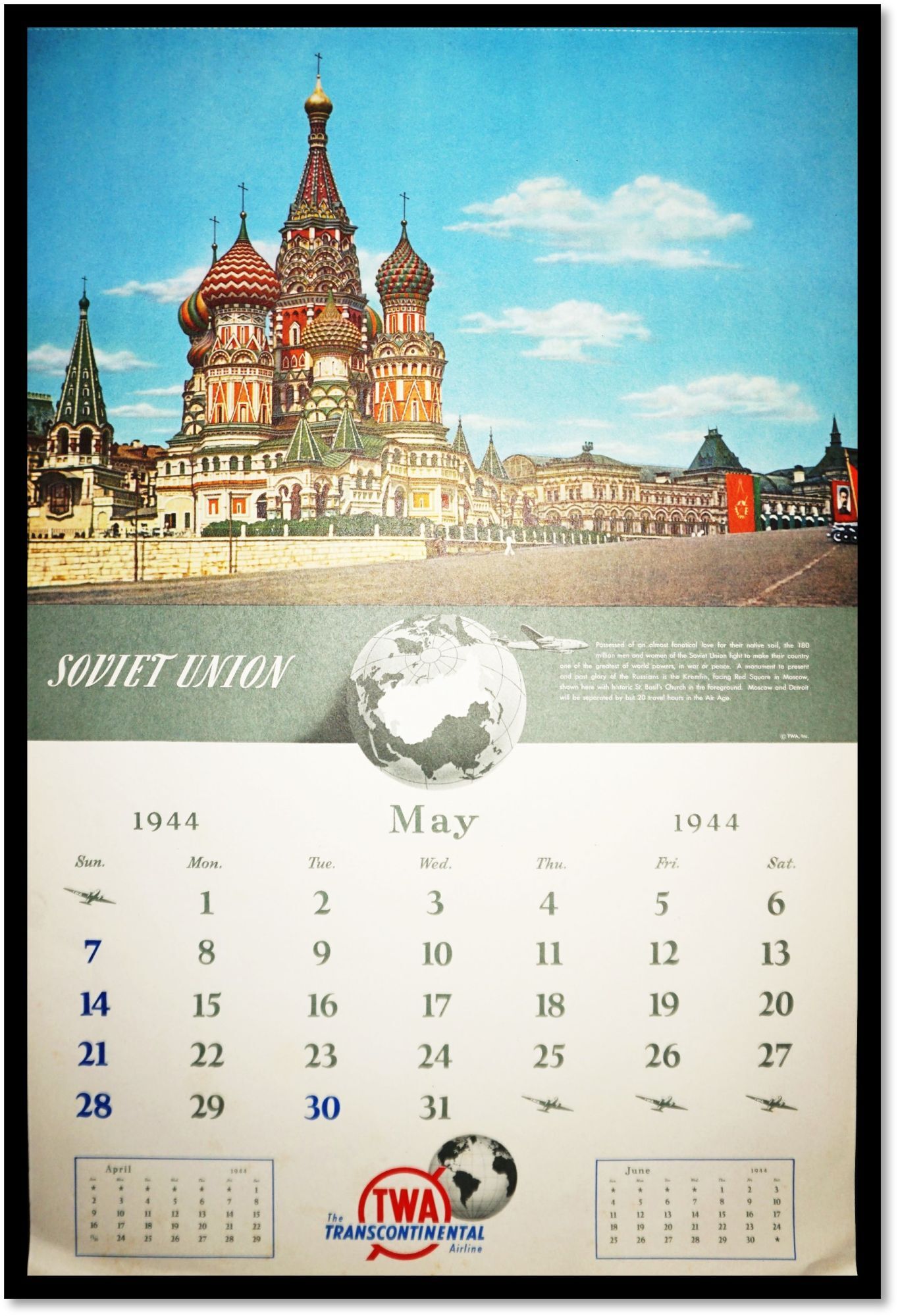 TWA Airlines Calendar for 1944 - 14.5” x 22.5” TWA Airlines Calendar for 1944 - 14.5” x 22.5”