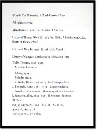 My Other Loneliness: Letters of Thomas Wolfe and Aline Bernstein