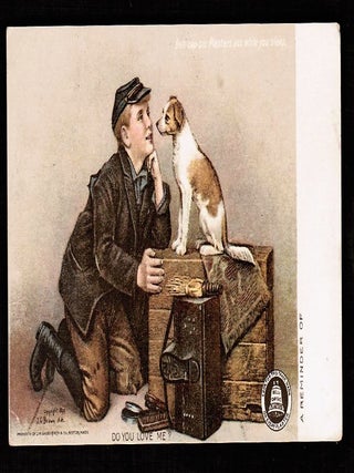 Item #15890 Victorian Trade Card BELL-CAP-SIC Plasters Pain Remedy School-boy & Puppy