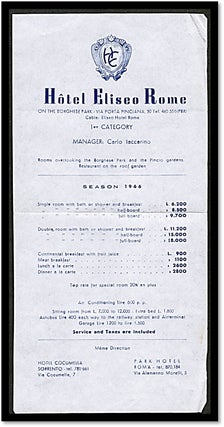 Item #16889 Hotel Eliseo Rome 1966 Season Rate Sheet. Manager Carlo Iccarino