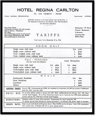 Item #16890 Hotel Regina Carlton, Rome Italy 1966 Season Rate Sheet. Manager