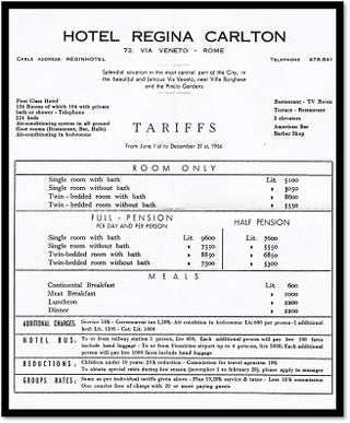 Item #16890 Hotel Regina Carlton, Rome Italy 1966 Season Rate Sheet. Manager