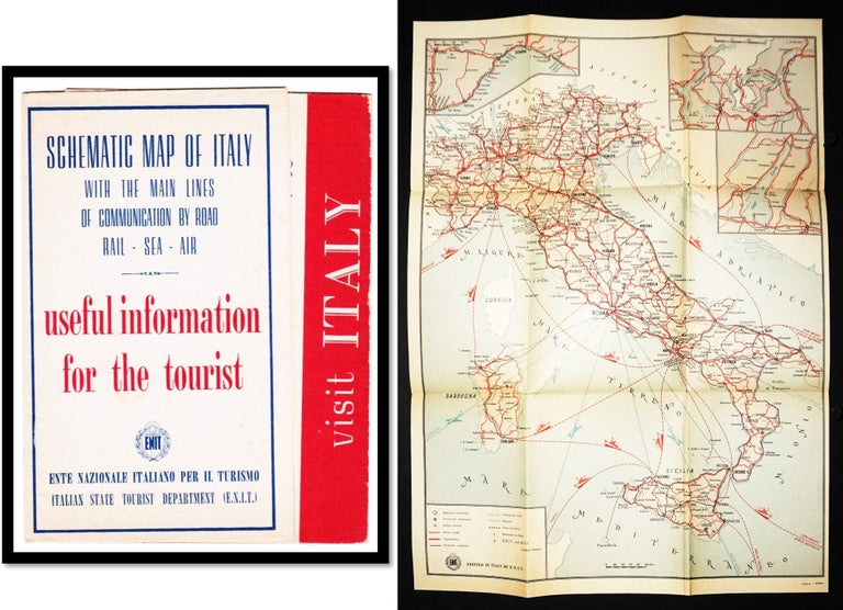 Item #16891 Schematic Map of Italy with the Main Lines of Communication by Road, Rail, Sea, Air with Useful Information for the Tourist. Banca Nazionale Del Lavoro.