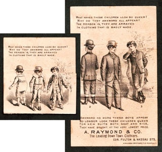 Item #17775 A. Raymond & Co., Boys Suits Clothing Mechanical Trade Card c1880. Donaldson Printers
