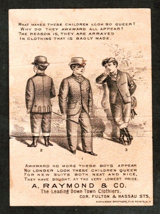 A. Raymond & Co., Boys Suits Clothing Mechanical Trade Card c1880