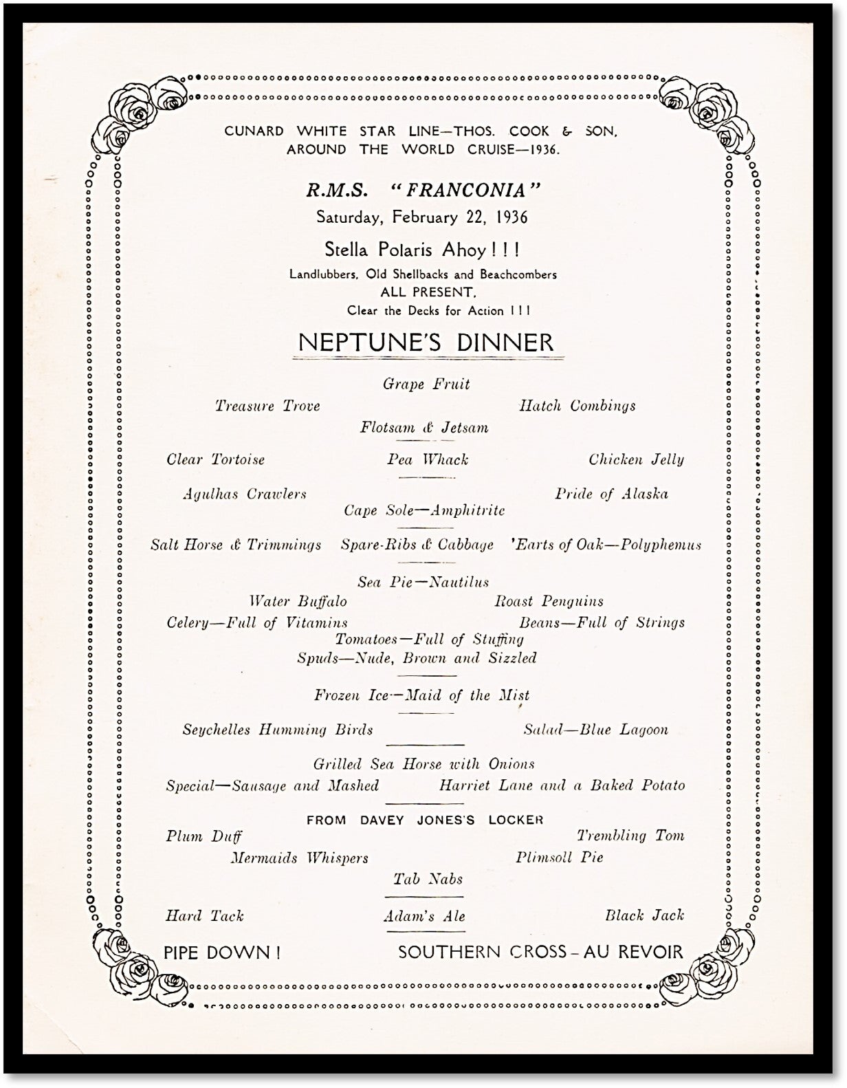 Cunard Line White Star Ship Menu: 'Neptune's Dinner' 1936 on the