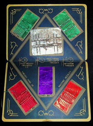 Illustrated Art Deco sewing needle display card, featuring landmark buildings from the fairgrounds.