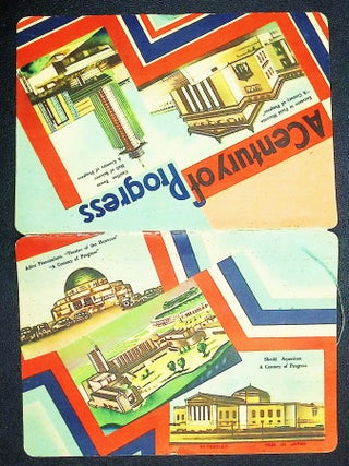 Illustrated Art Deco sewing needle display card, featuring landmark buildings from the fairgrounds.
