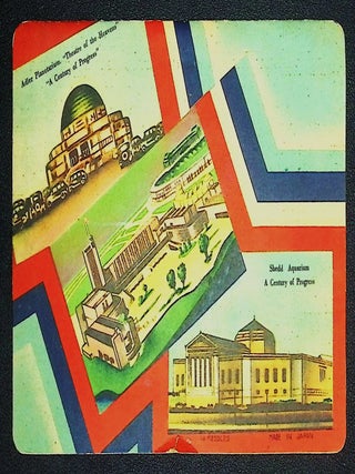 Illustrated Art Deco sewing needle display card, featuring landmark buildings from the fairgrounds.