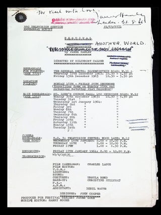Item #21931 Working BBC Television Service Rehearsal Script for Another World [Inscribed...