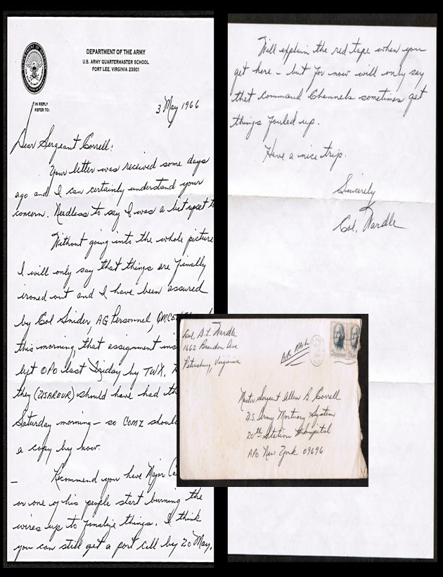 Item #22081 Handwritten letter on US Army Letterhead Detailing and Apologizing for a 'Red-Tape" Snafu with hand-addressed envelope. [ Vietnam War ]. D. L. Wardle, Colonel, U S. Army Quartermaster School.