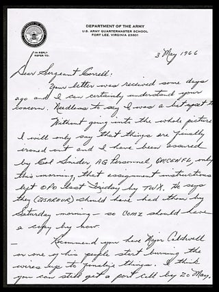 Handwritten letter on US Army Letterhead Detailing and Apologizing for a 'Red-Tape" Snafu with hand-addressed envelope. [ Vietnam War ]