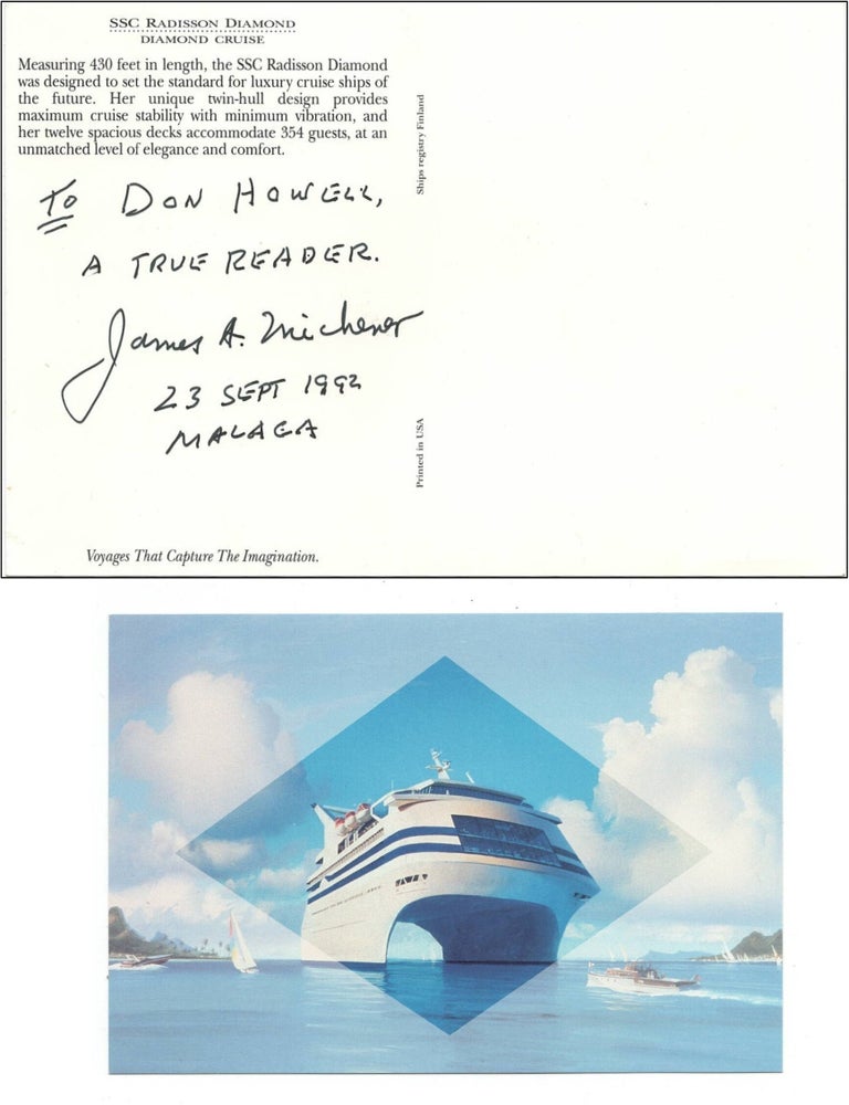 SIGNED Postcard by James A. Michener [Radisson Diamond Cruise, 1992] [Malacca, 23 September 1992
