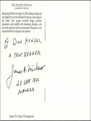 SIGNED Postcard by James A. Michener [Radisson Diamond Cruise, 1992] [Malacca, 23 September 1992]